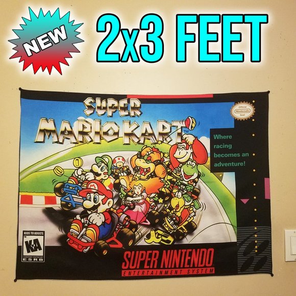 Super Mario Kart 2x3 foot tapestry / Super Nintendo banner wall flag game room - Picture 1 of 10